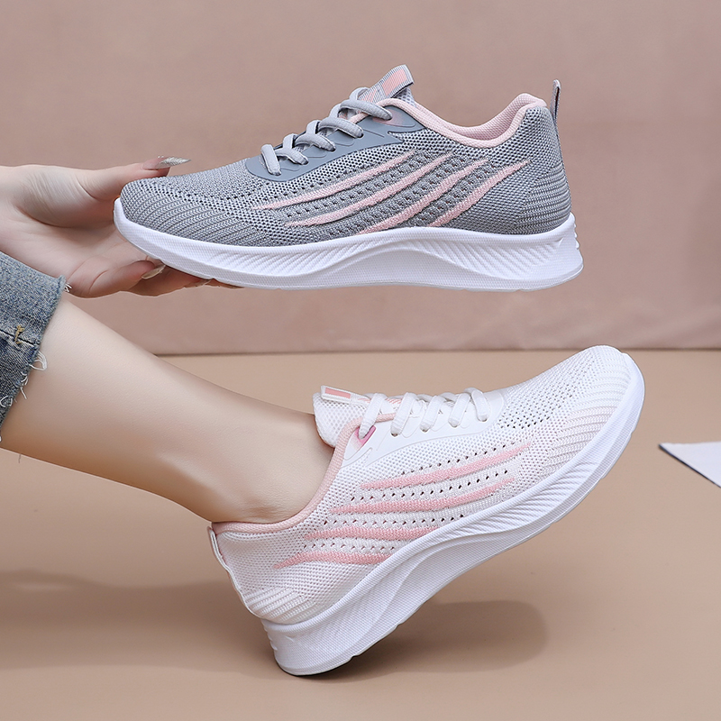 Knit Fabric Lace Up Sneakers - 女性用、秋物、メッシュ素材のカジュアルスニーカー。通気性の良いニットアッパー、レースアップ、軽量、滑り止め加工、柔らかいソール、ファッション性の高いウォーキングシューズ、スポーツシューズ。