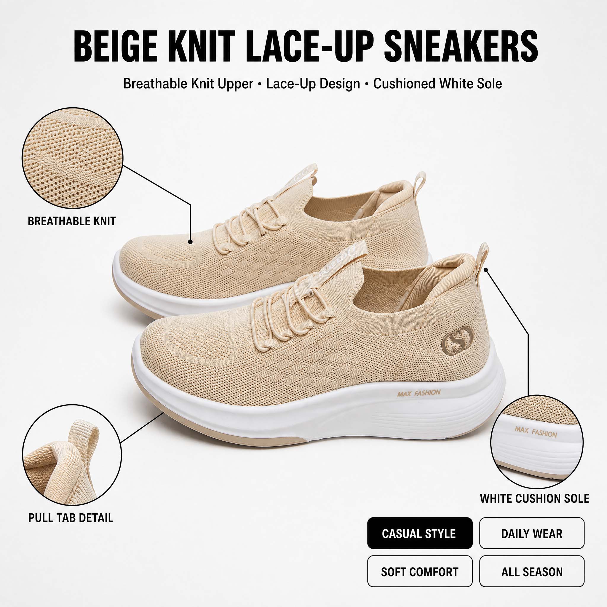 Knit Fabric Lace Up Sneakers - 女性用ニット素材の厚底ウォーキングシューズ、通気性の良いニットスニーカー、軽量で厚底のカジュアルシューズ。普段使いに最適。