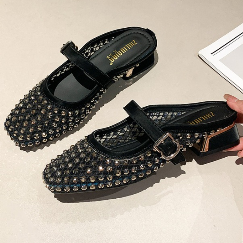 Sandals - メッシュラインストーンチャンキーヒールミュールスリッパ女性通気性夏のファッションスライドスクエアトゥサンダル女性のための Pantuflas Mujer