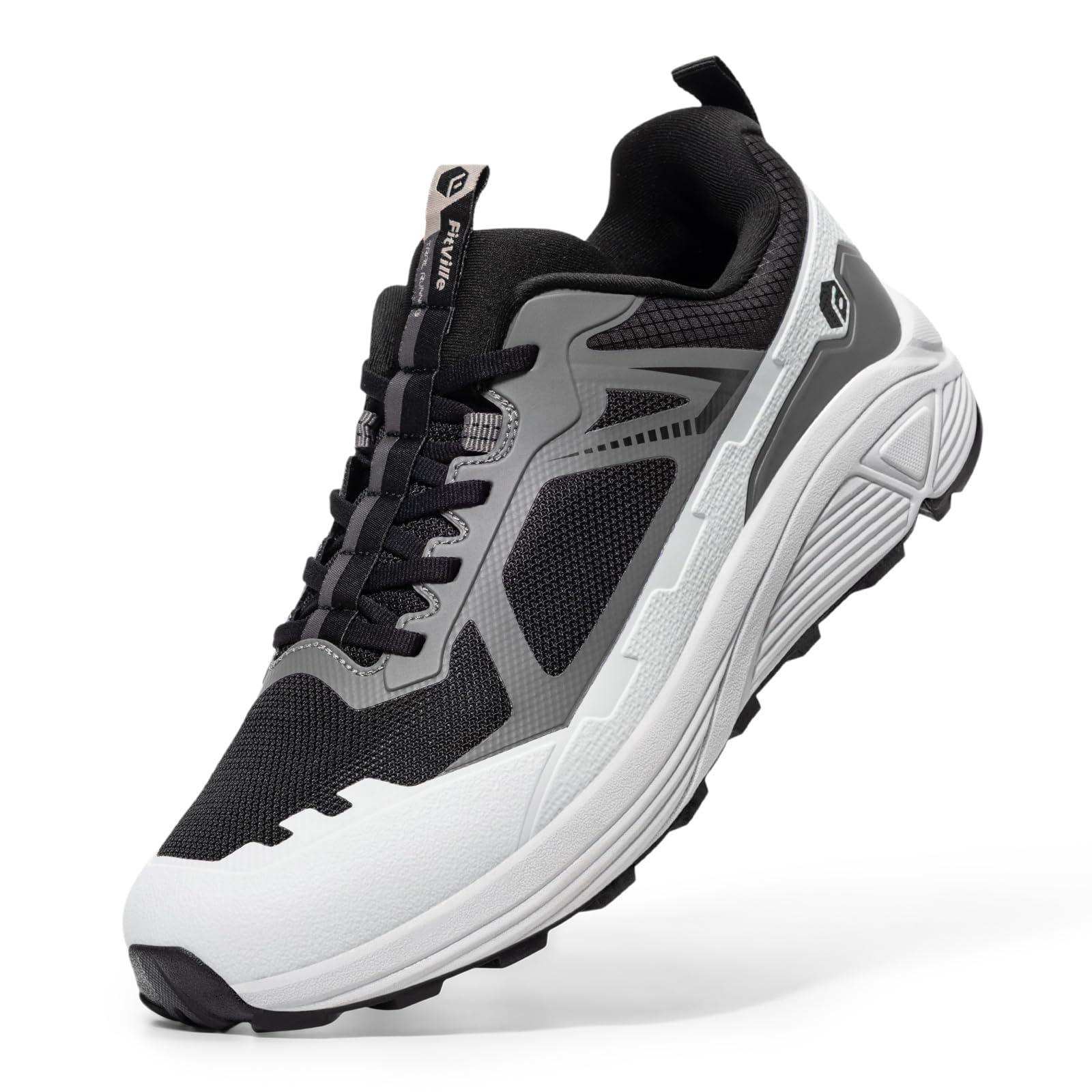 Anti Slip Trail Running Sneakers - FitVille トレイルランニングシューズ メンズ、幅広設計、アスレチックスニーカー、ハイキングシューズ、ラバーソール、滑り止め、アーチサポート、アウトドア用。