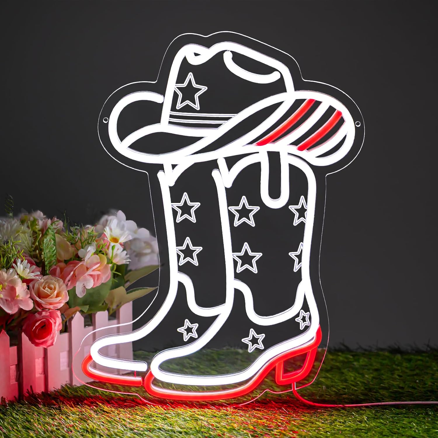 Boots - カウボーイブーツと帽子のLEDネオンサイン。USB電源で点灯し、バー、男性の趣味の部屋、寝室、家庭の装飾に最適。USB接続のナイトライトとしても使用可能。プレゼントにも。