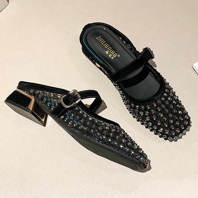 メッシュラインストーンチャンキーヒールミュールスリッパ女性通 - Sandals のレビューと価格