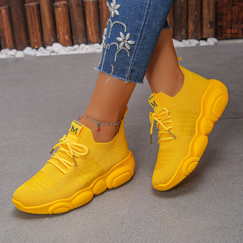 レディーススニーカー、最新トレンドの無地ニット素材、滑り止め - Knit Fabric Lace Up Sneakers のレビューと価格